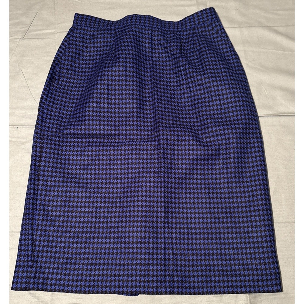 Vintage Blue Black Houndstooth Pencil Skirt Lined Back Vent Midi Length 31 Waist